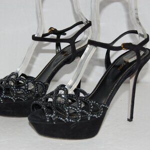 39/9❤️ Sergio Rossi Black Crystal Satin High Heels Platform Sandals Pumps ITALY
